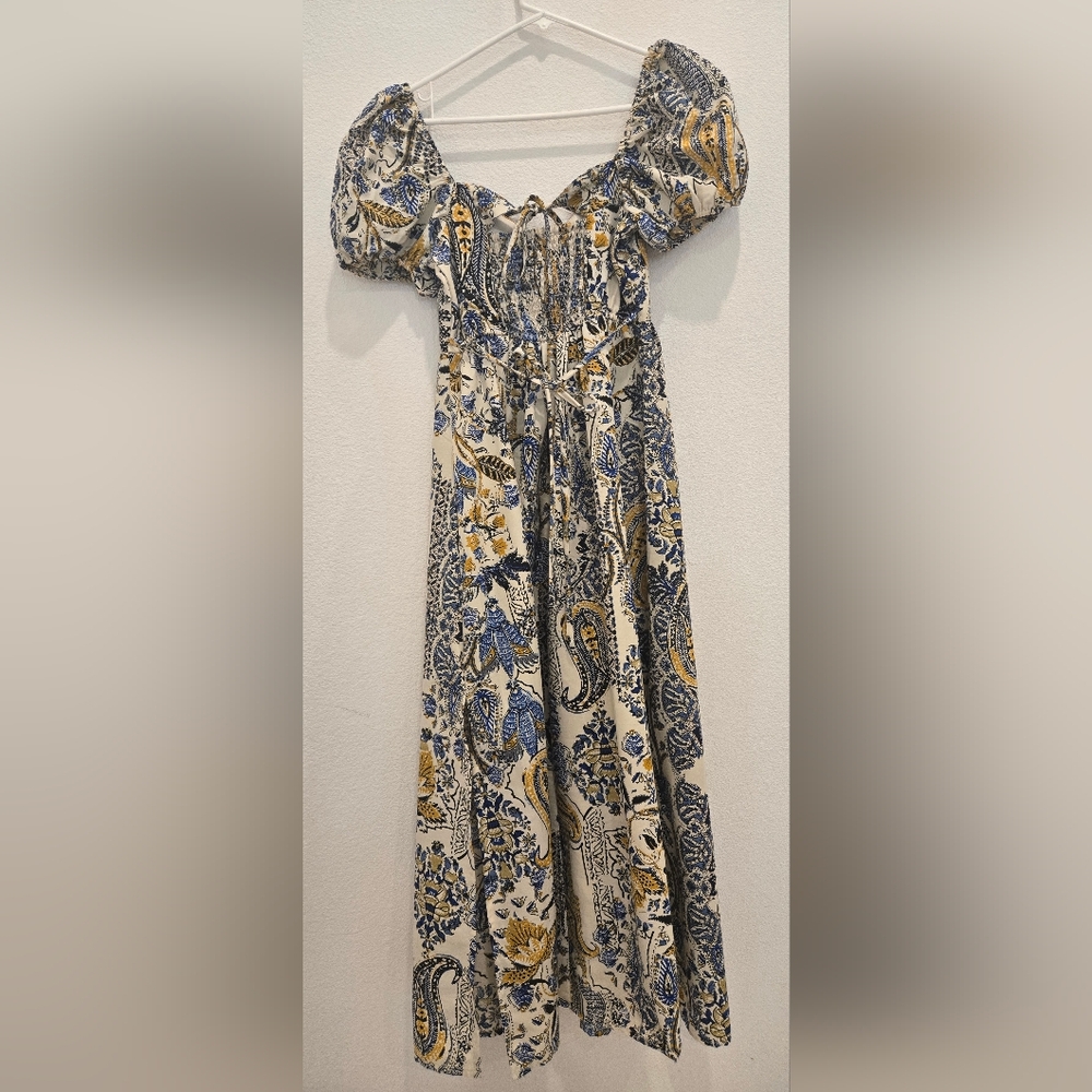 Elegant Paisley Long‎ Sleeve Dress - Blue and Yellow - Picture 2 of 5